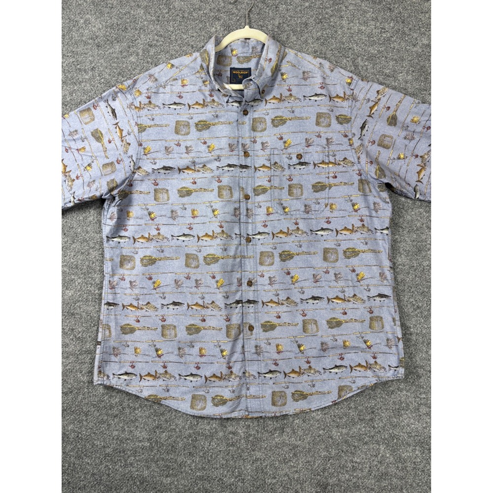 Woolrich Shirt Mens XL Blue‎ Fish Lure Print Short Sleeve Fly Fishing Weekend